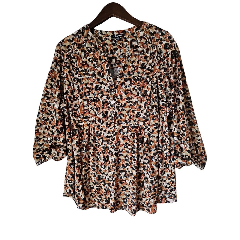 ROZ ALI Printed Women's Plus Size 3X Laced Up Shoulder Roll Tab Sleeve Top